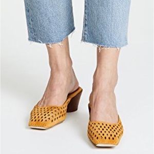 Jeffrey Campbell Lakme square toes mules, perforated suede, wooden heel mod 60s